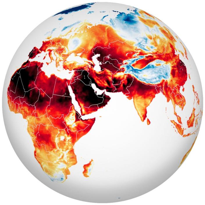 map shows extreme heat in dark red colors across africa europe asia