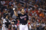 Washington Nationals' Ryan Zimmermanm throws his batting helmet after he struck out during the sixth inning of the second baseball game of the team's doubleheader against the San Francisco Giants, Saturday, June 12, 2021, in Washington. The Giants won 2-1 in eight innings. (AP Photo/Nick Wass)