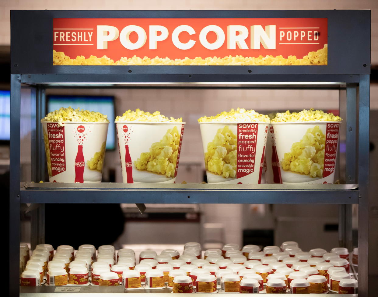 Fresh popcorn is pictured at a AMC theatre on reopening day during the outbreak of the coronavirus disease (COVID-19), in Burbank, California, U.S., March 15, 2021.  REUTERS/Mario Anzuoni