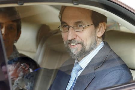United Nations (U.N.) High Commissioner for Human Rights Zeid Ra’ad Al Hussein (R) smiles after meeting the media while leaving his hotel to meet Sri Lankan politicians and diplomats in Colombo February 6, 2016. REUTERS/Dinuka Liyanawatte
