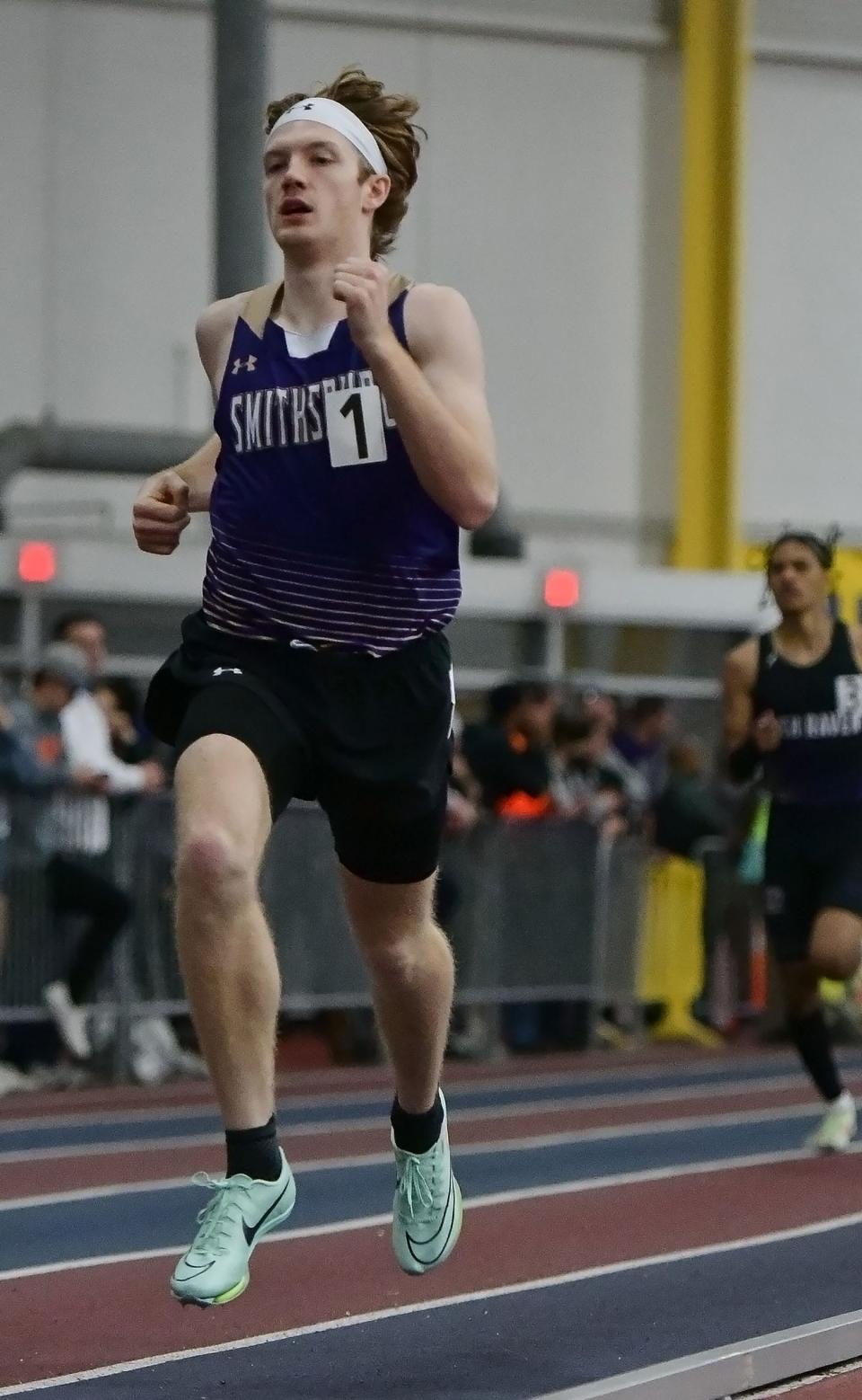 Smithsburg's Cameron Rejonis wins the 800-meter run during the Maryland Class 1A indoor track and field championships.