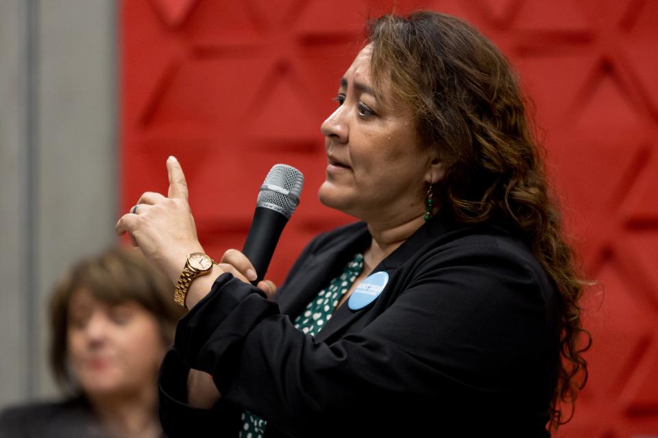 El Paso County Attorney's Office Assistant County Attorney Nancy Casas introduces herself at the El Paso Chamber’s debate for El Paso District Attorney candidates on Jan. 18, 2024.