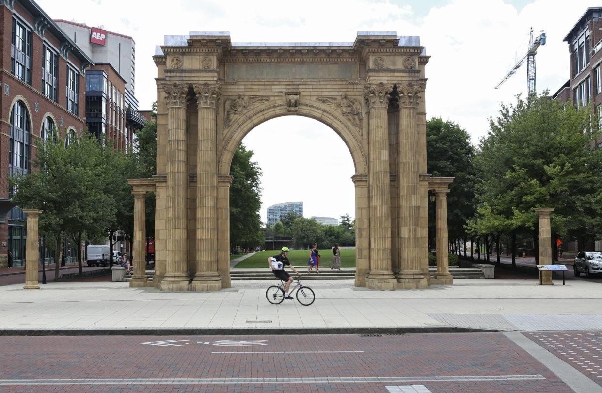 The Union Station arch now rests at McFerson Commons in the Arena District of Columbus, its third home since being built as part of a railroad depot in 1899.