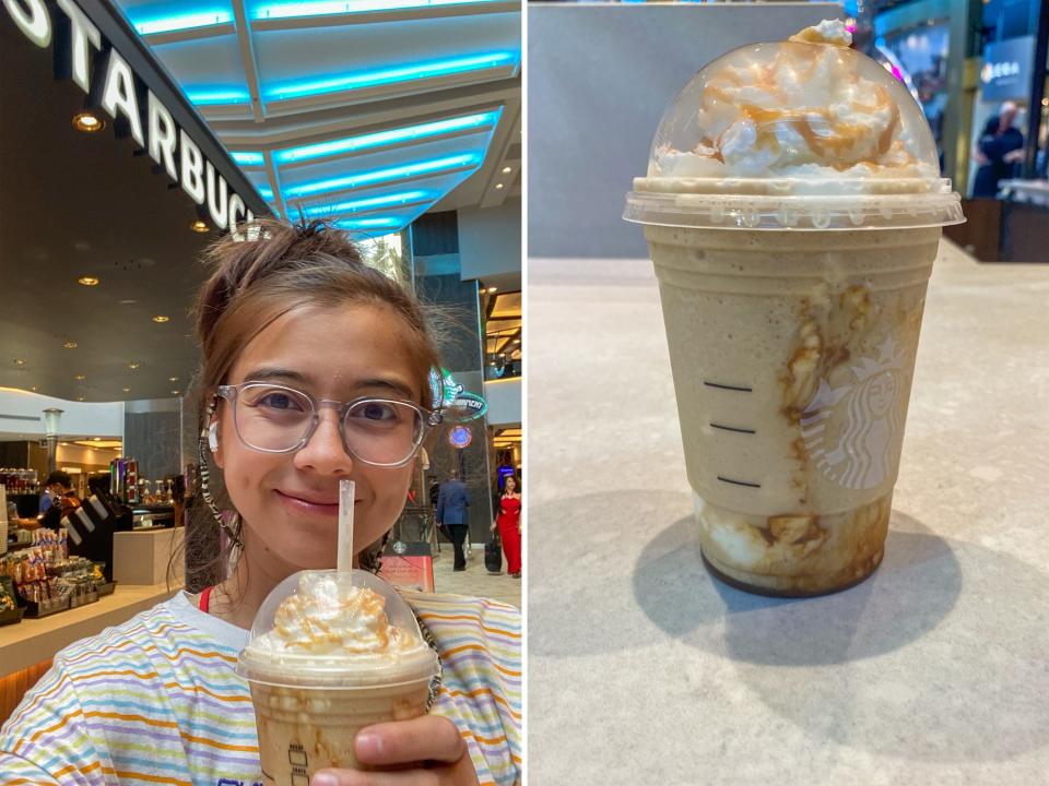 The author takes a selfie at a starbucks stand on the world's largest cruise ship (L) a close up of her frap (R)