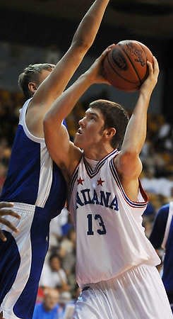 Indiana All-Star Garrett Butcher of Edgewood shoots inside during a 2008 game against the Kentucky All-Stars in Louisville. Butcher was held scoreless as Kentucky earned a split of the two-game series with a 95-78 romp.
