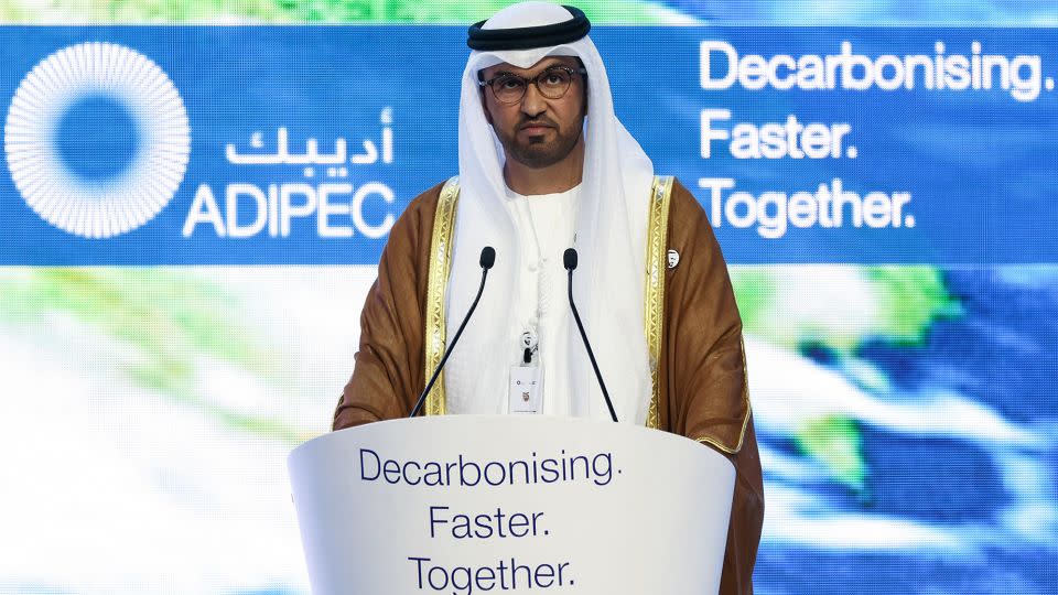 Sultan Al Jaber, chief executive officer of Abu Dhabi National Oil Company and president of COP28, speaks during the opening ceremony of the Abu Dhabi International Petroleum Exhibition and Conference on Oct. 2, 2023. - Christopher Pike/Bloomberg/Getty Images