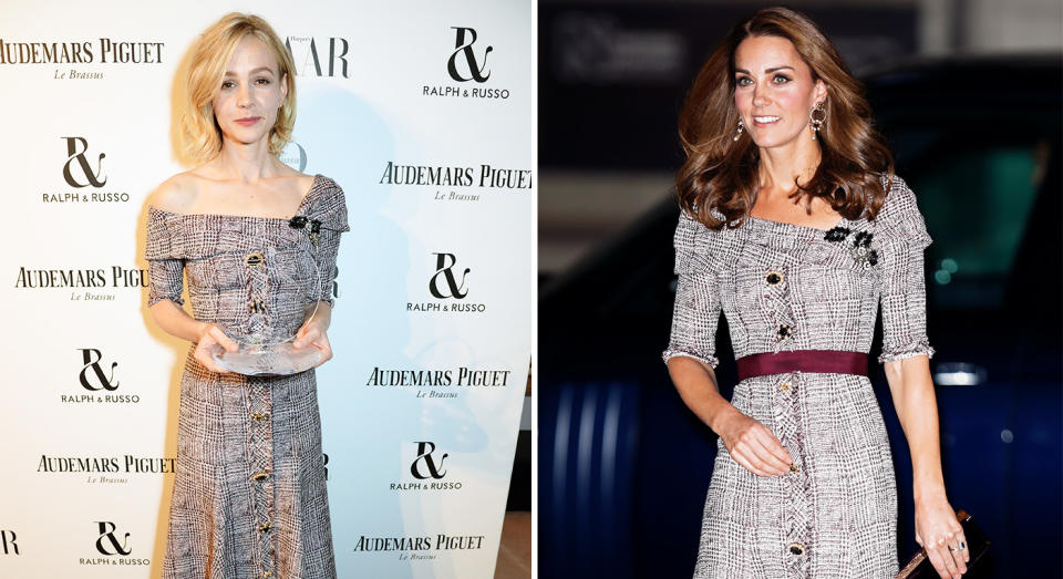 <p>Kate Middleton and Carey Mulligan twinned in matching tweed button-down dresses by Erdem. Both women pulled off the look with aplomb: Carey opted for pared-down makeup and an undone bob at the Harper’s Bazaar Women of the Year Award in London, while Kate worked the look with an immaculate blow-dry at the opening of the V&A Photography Centre. [Photo: Getty/Rex] </p>