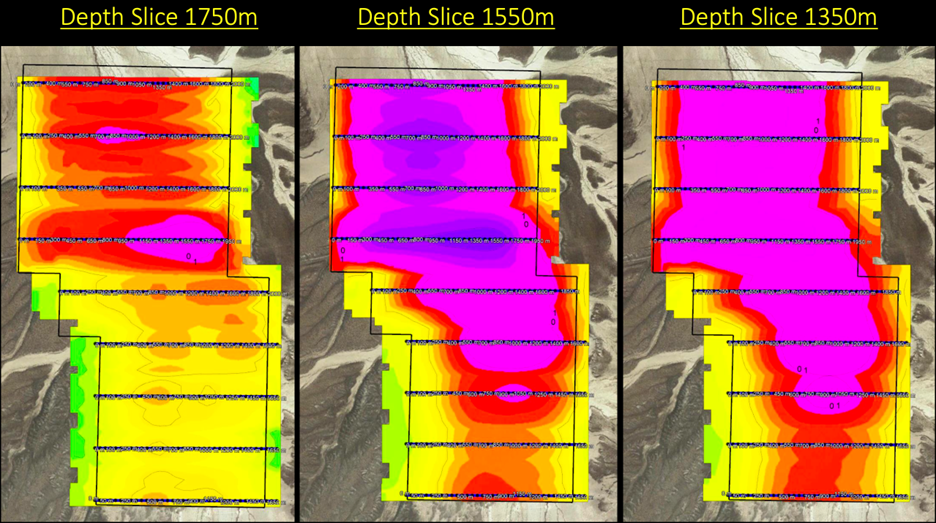 Figure 3. Plan view of CSAMT inversions at multiple elevations by KLM at Monitor Valley