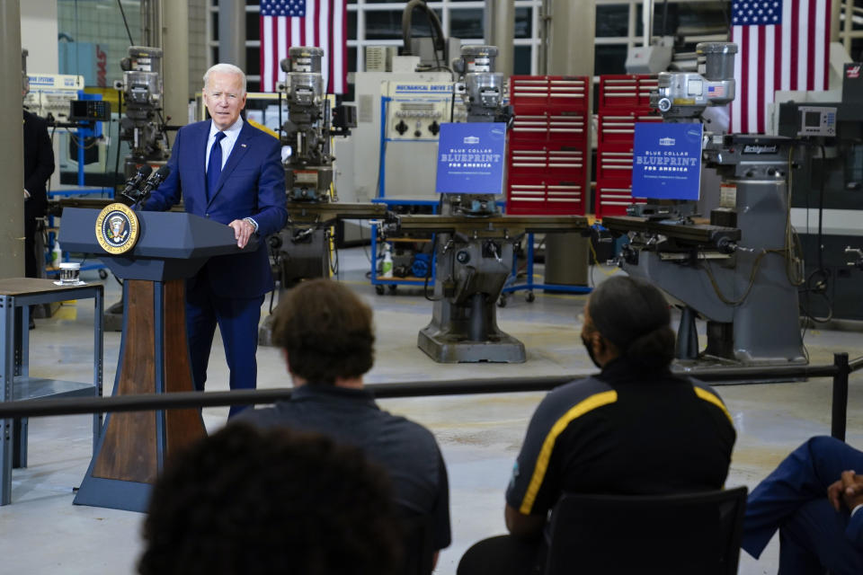 President Joe Biden delivers remarks on the economy at the Cuyahoga Community College Metropolitan Campus, Thursday, May 27, 2021, in Cleveland. (AP Photo/Evan Vucci)