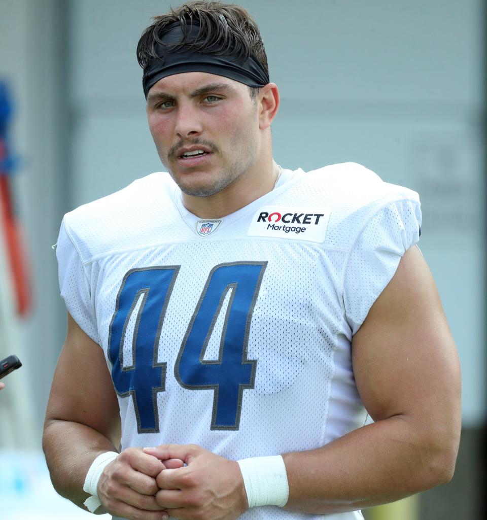 Detroit Lions linebacker Malcolm Rodriguez (44) talks with reporters after training camp in Allen Park, Tuesday, July 25, 2023.