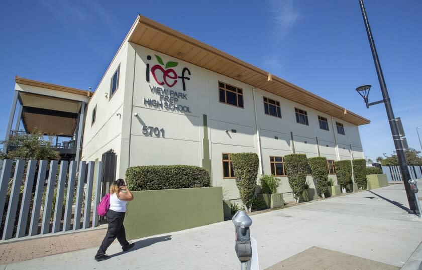 LOS ANGELES, CA - OCTOBER 20, 2021: View Park Preparatory High School on Crenshaw Blvd in Los Angeles, a charter school authorized by L.A. Unified, switched to remote learning for this week after enough students tested positive for the coronavirus to raise concerns. But the decision came after last Friday's game against Crenshaw High School and now the Crenshaw football team members have spent the week in quarantine, unable to practice , with this Friday's game against Locke High School looking unlikely. (Mel Melcon / Los Angeles Times)