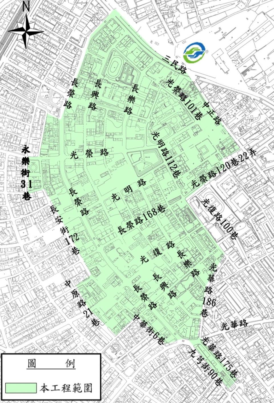 蘆洲南港子市地重劃區後續污水下水道建設及既有污水管線修繕工程範圍（示意圖）。   圖：新北市水利局提供