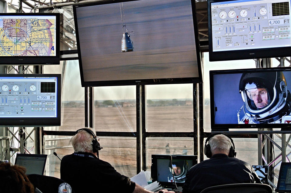 In this photo provided by Red Bull, The mission control room is seen during the first manned test flight for Red Bull Stratos on March 15, 2012 in Roswell, New Mexico. In this test he reach the altitude 21800 meters (71500 ft) and landed safely near Roswell. Red Bull Stratos is a mission to the edge of the earths atmosphere, where upon reaching altitude of 120,000 feet by helium baloon, pilot and basejumper Felix Baumgartner will then freefall to the ground in an attempt to break the speed of sound. (Photo by Stefan Aufschnaiter/Red Bull via Getty Images)