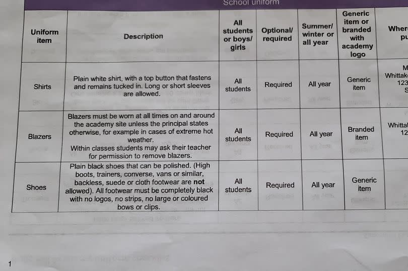 The new uniform guidance sent to parents