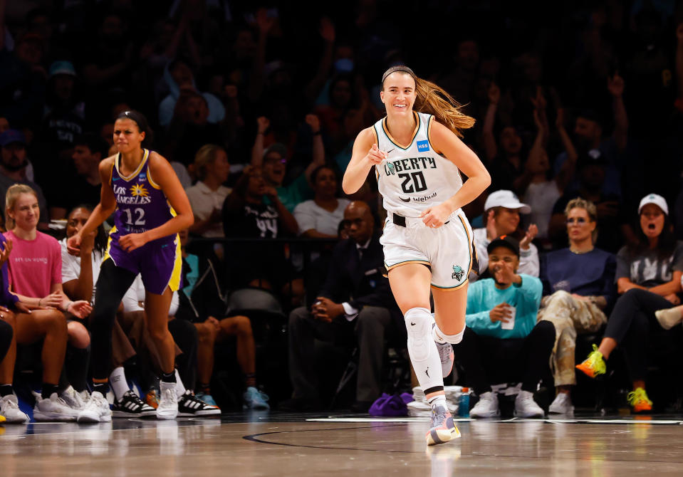 Sabrina Ionescu has 268 3-pointers in 104 games since 2020. (Photo by Bruce Bennett/Getty Images)