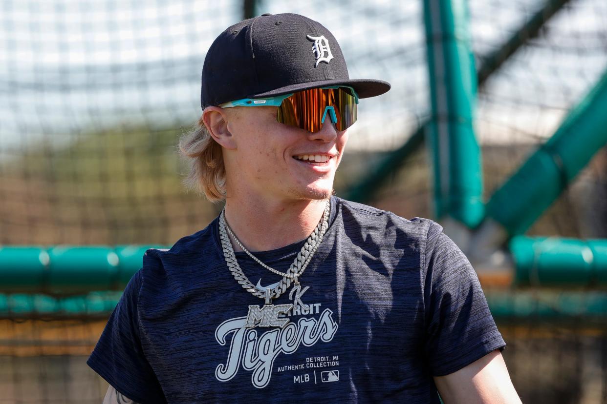 Detroit Tigers outfielder prospect Max Clark works out during spring training at TigerTown in Lakeland, Fla. on Thursday, Feb. 22, 2024.