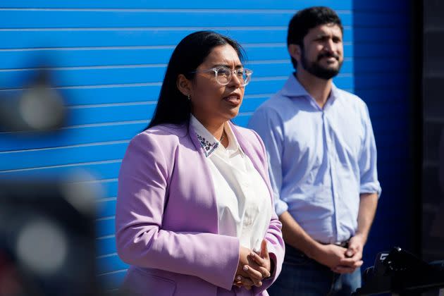 Greg Casar, right, speaks to the press alongside fellow Texas progressive Jessica Cisneros. A pro-Israel super PAC is spending big sums against Cisneros, but Casar escaped unscathed. (Photo: Eric Gay/Associated Press)