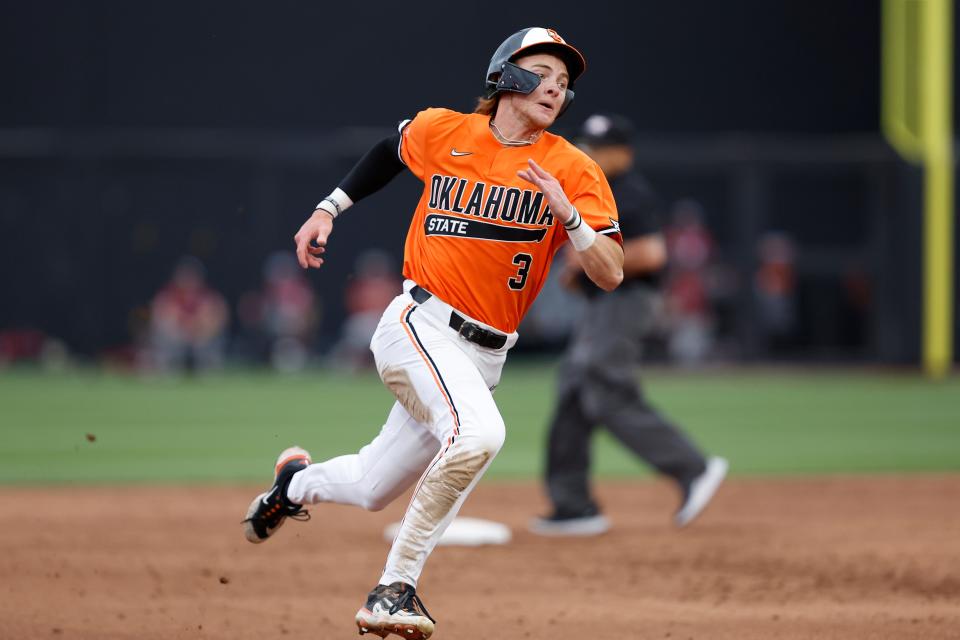 OSU's Carson Benge (3) runs to third base during the Cowboys' 19-8 win against OU on April 18 at O'Brate Stadium in Stillwater.