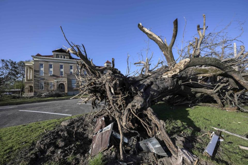 A view of damage after a tornado ripped through Mississippi.