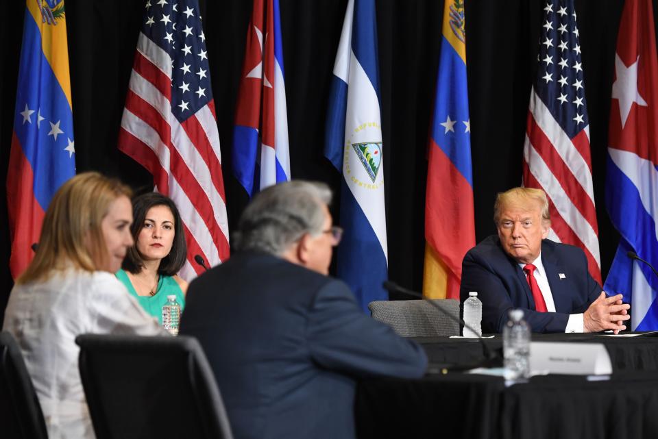 US President Donald Trump holds a roundtable on "Supporting the People of Venezuela" at Iglesia Doral Jesus Worship Center in Doral, Florida, on July 10, 2020.