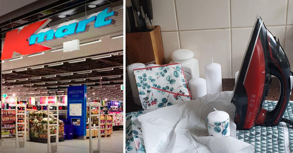 L: Kmart store. R: Iron, candles and napkins