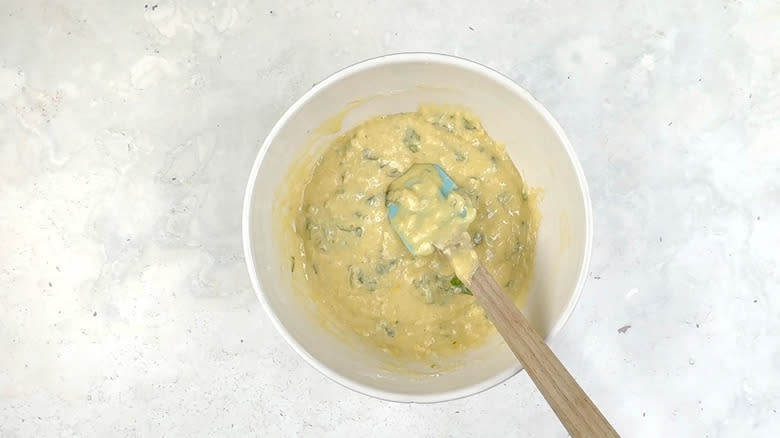 cake batter in bowl with spatula
