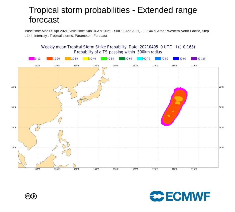 未來第1週（4月4日至4月11日）颱風通過的機率。（圖／翻攝自賈新興Facebook）
