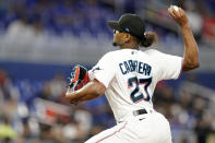 Miami Marlins starting pitcher Edward Cabrera throws during the first inning of a baseball game against the Washington Nationals, Sunday, Sept. 25, 2022, in Miami.(AP Photo/Lynne Sladky)