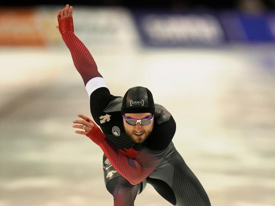 Canada's Laurent Dubreuil skated to bronze in the men's 500 metres at the speed skating World Cup on Friday in Salt Lake City, Utah. (Rick Bowmer/The Associated Press - image credit)