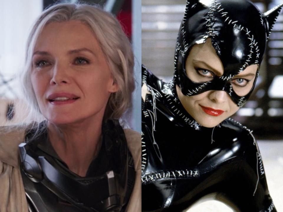 On the left: Michelle Pfeiffer as Janet van Dyne in "Ant-Man and the Wasp." On the right: Pfeiffer as Selina Kyle/Catwoman in "Batman Returns."