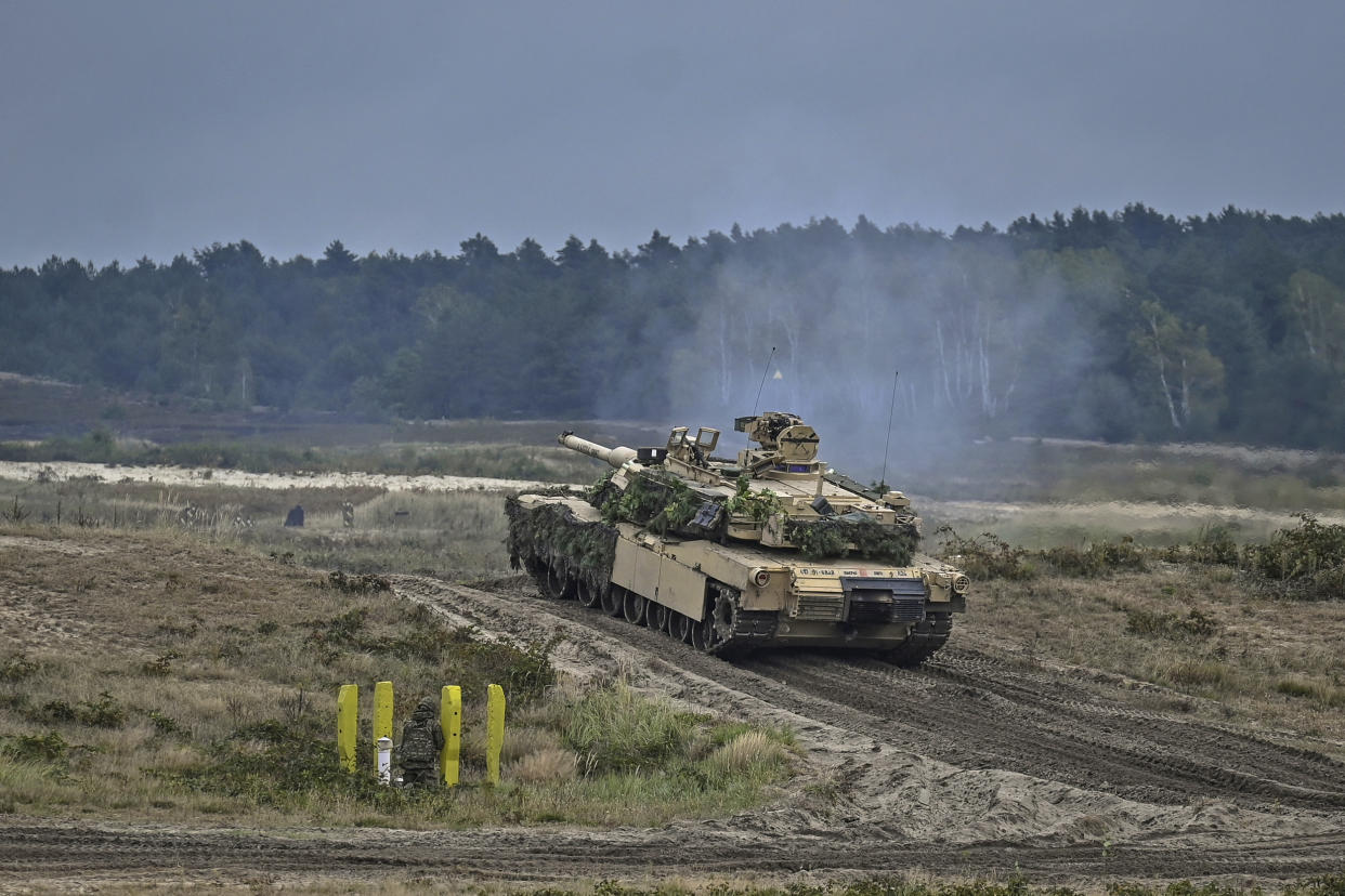 A U.S. Abrams tank at the training grounds in Nowa Deba, Poland, on Sept. 21, 2022. (Artur Widak / AP file)