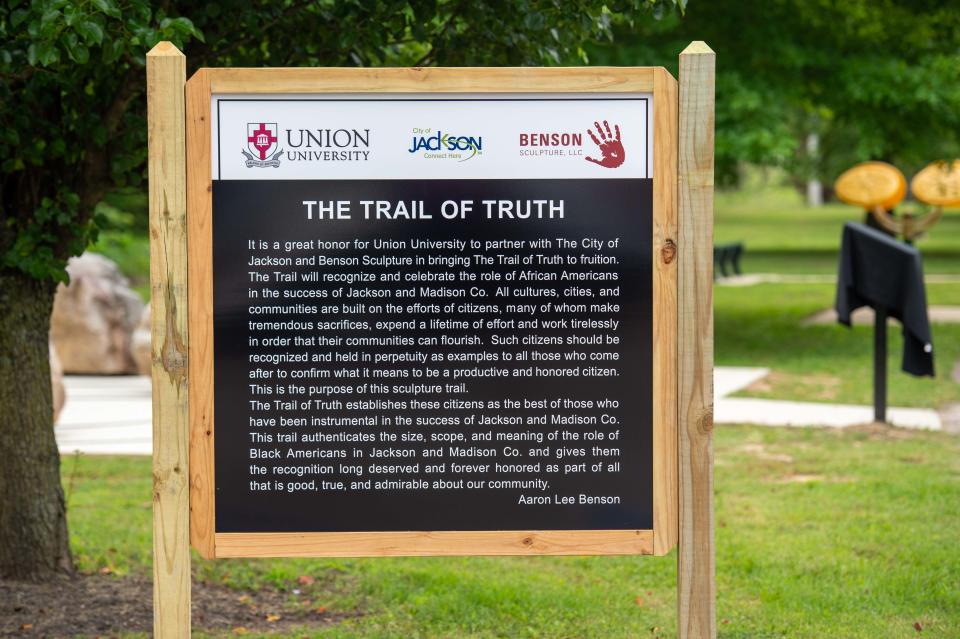 Sign marking the start of the Trail of Truth dedication photographed in Shirlene Mercer Park on Wednesday, May 24, 2023.