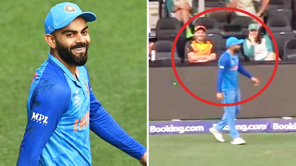 David Warner (pictured right) smiles at Virat Kohli after a stunning catch and (pictured right) Kohli smiling after his catch.