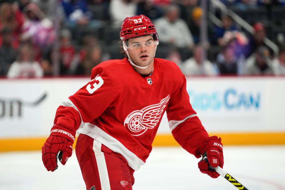 Detroit Red Wings right wing Alex DeBrincat (93) plays against the Toronto Maple Leafs in the second period at Little Caesars Arena in Detroit on Saturday, Oct. 7, 2023.