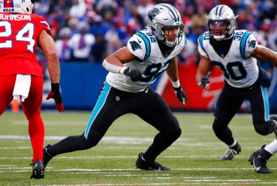 Defensive end Darryl Johnson (92), then with the Carolina Panthers, rushes during the second half of an NFL football game against the Buffalo Bills in Orchard Park, New York, Sunday Dec. 19, 2021. The Seahawks claimed Johnson off waivers Aug. 31, 2022. Jeffrey T. Barnes/Associated Press