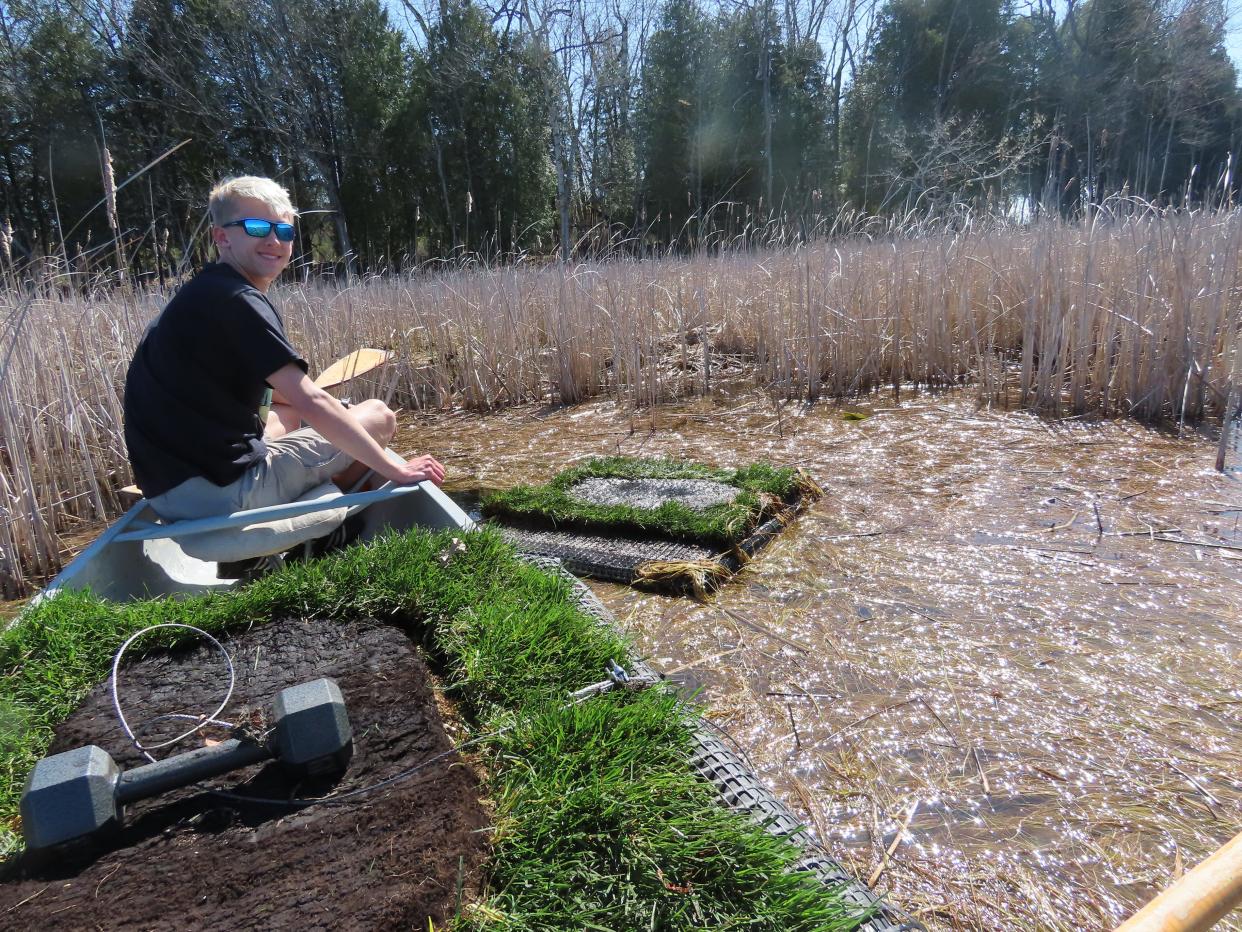 Braden Meyer, 16, of Grafton works to install nesting platforms at Mud Lake in Cedarburg Bog. The platforms are designed to provide nesting sites for black terns, a state-endangered species. Meyer built five of the structures as part of his Eagle Scout project.