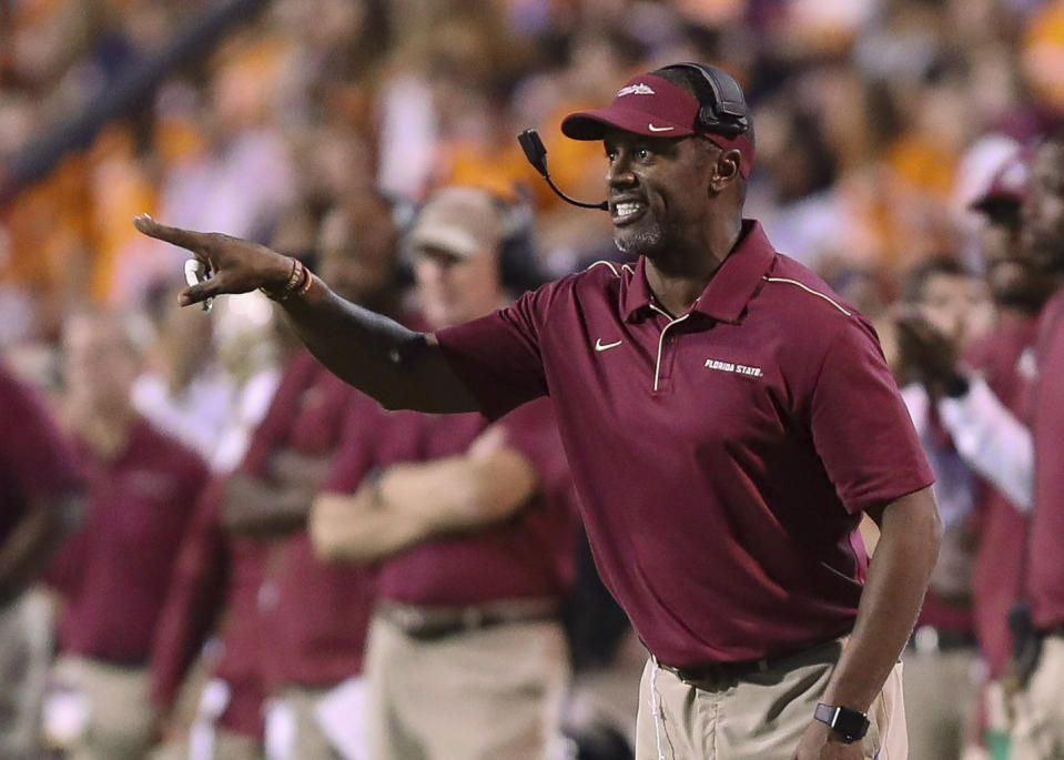 Florida State coach Willie Taggart reacts to a call during the second half of an ACC college football game against Virginia in Charlottesville, Va., Saturday, Sept. 14, 2019. (AP Photo/Andrew Shurtleff)