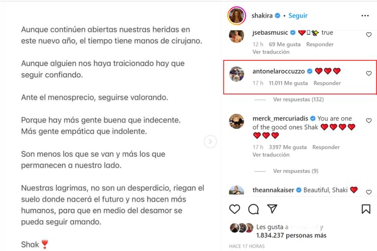 Antonela Roccuzzo reaccionó al post  desgarrador de Shakira.
