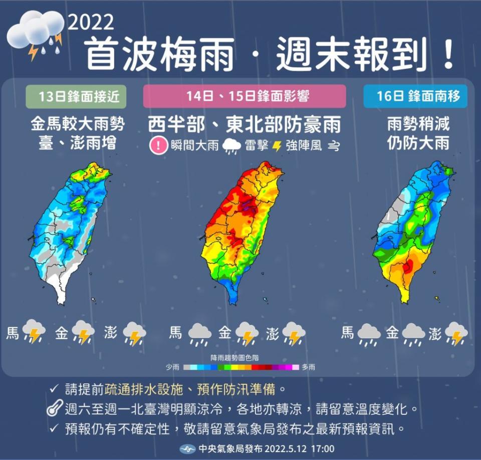 週六、日是雨勢最明顯的兩天。（圖／翻攝自臉書粉專《報天氣 - 中央氣象局》）