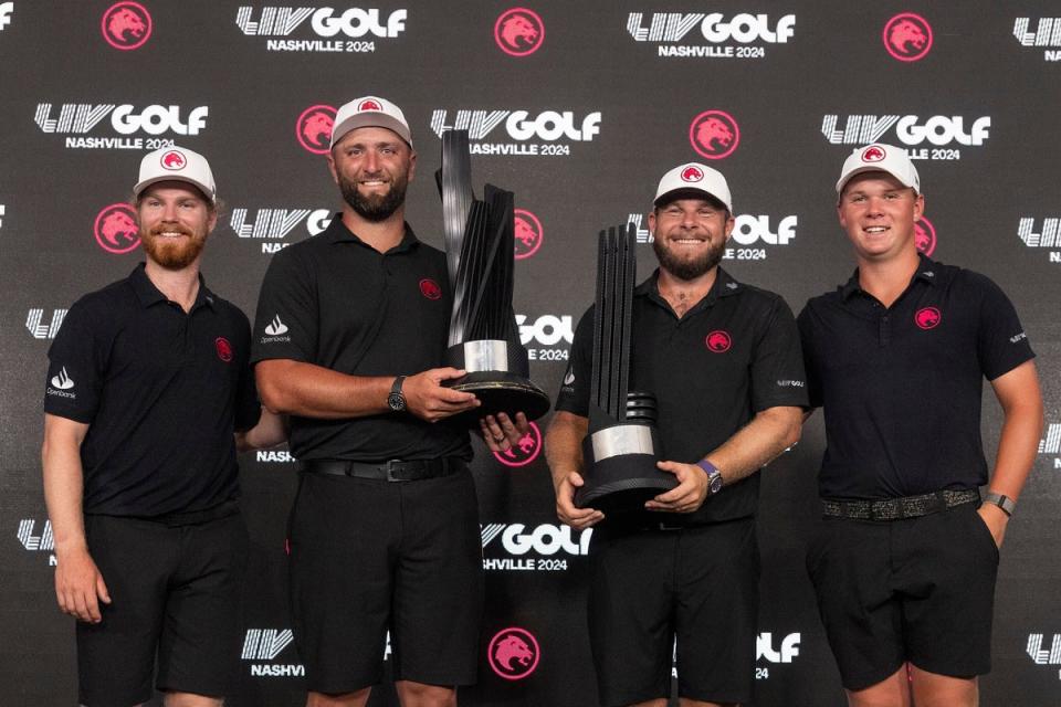 Jon Rahm, centre left, and Tyrrell Hatton, centre right, have been successful on the LIV tour (AP)