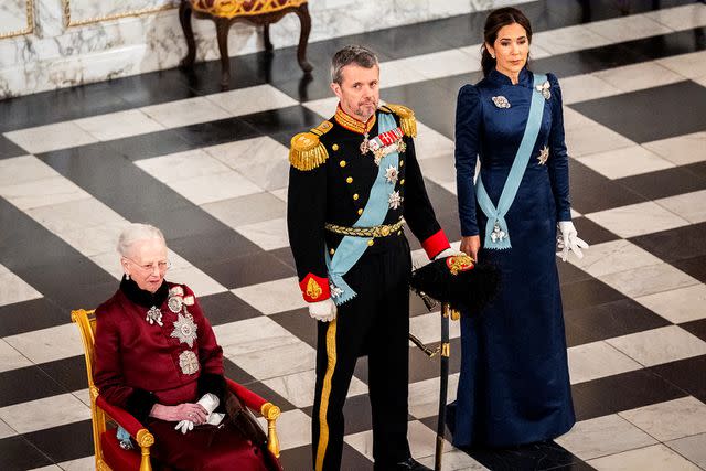 <p>IDA MARIE ODGAARD/Ritzau Scanpix/AFP via Getty</p> Queen Margrethe of Denmark, Crown Prince Frederik of Denmark and Crown Princess Mary of Denmark greet the diplomatic corps during a New Year reception at Christiansborg Palace on Jan. 3.