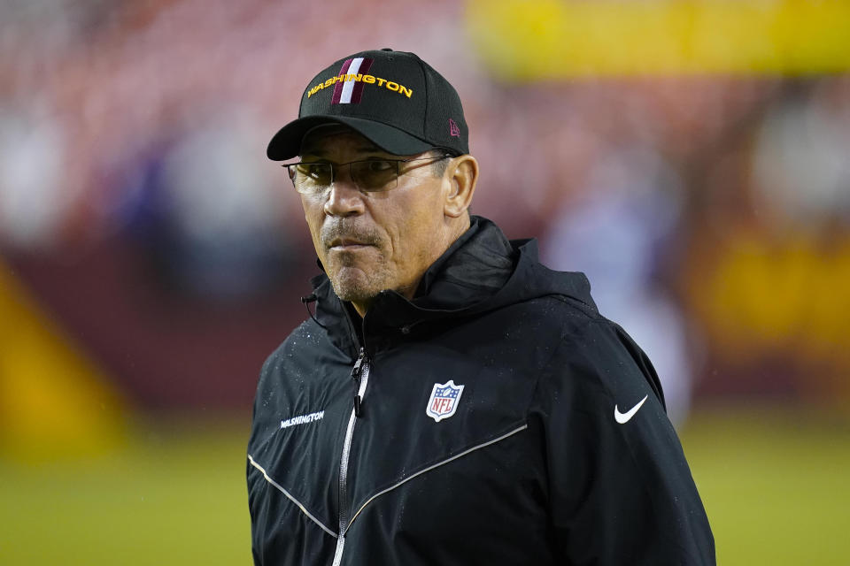 Washington Football Team head coach Ron Rivera on the field before the start of an NFL football game against the New York Giants, Thursday, Sept. 16, 2021, in Landover, Md. (AP Photo/Patrick Semansky)