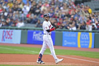 Cleveland Guardians' Owen Miller celebrates after hitting an RBI-single in the first inning of a baseball game against the Detroit Tigers, Sunday, May 22, 2022, in Cleveland. (AP Photo/David Dermer)