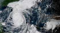 <p>GOES-16 captured this geocolor image of Hurricanes Irma and Jose in the Atlantic Ocean on the evening of Sept. 9, 2017. (Photo: NOAA) </p>