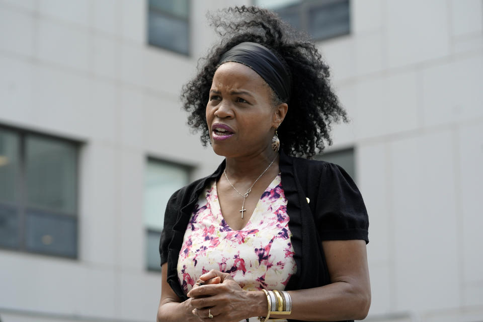 Acting Boston Mayor Kim Janey makes remarks while visiting the Tobin Community Center, Tuesday, June 8, 2021, in Boston. The chair of the Boston School Committee, Alexandra Oliver-Dávila, resigned amid criticism of racially charged texts she shared with another member of the committee disparaging families of students, city officials announced Tuesday, June 8. Janey said in a written statement Tuesday that the texts were "unfortunate and unfairly disparaged members of the Boston Public Schools community." (AP Photo/Steven Senne)