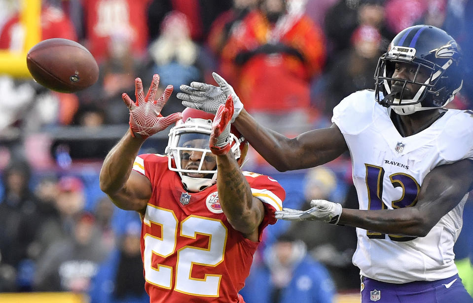 <p>Kansas City Chiefs defensive back Orlando Scandrick breaks up a pass to Baltimore Ravens wide receiver John Brown to bring up fourth down in overtime on Sunday, Dec. 9, 2018 at Arrowhead Stadium in Kansas City, Mo. The Chiefs won, 27-24. (John Sleezer/Kansas City Star/TNS) </p>