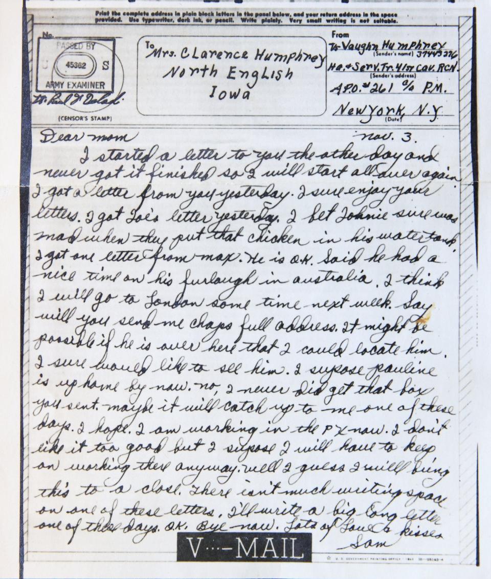 During World War II, Sam Vaughn wrote a letter to his mother back home in Iowa, bearing an Army censor's stamp on the top left. In it, he expressed gratitude for news from home, noting at one point: "I got Joe's letter yesterday. I bet Johnie sure was mad when they put that chicken in his water tank."