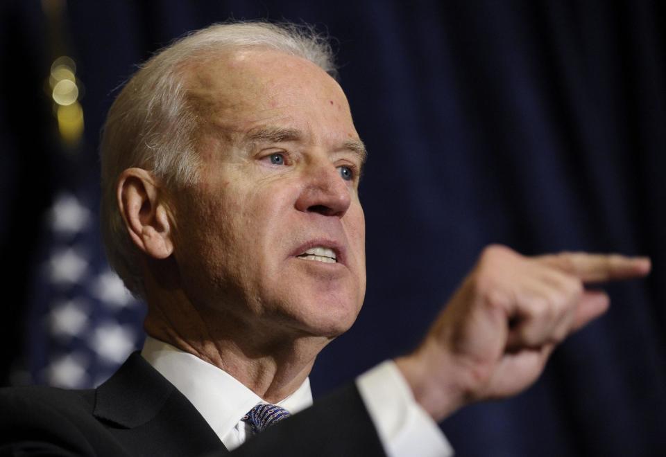 Vice President Biden speaks at the Association of State Democratic Chairs Meeting in Washington, Thursday, Feb. 27, 2014. (AP Photo/Susan Walsh)