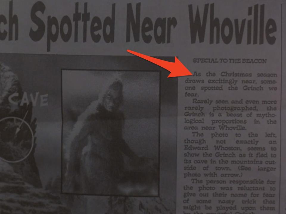 arrow pointing at newspaper article in how the grinch stole christmas