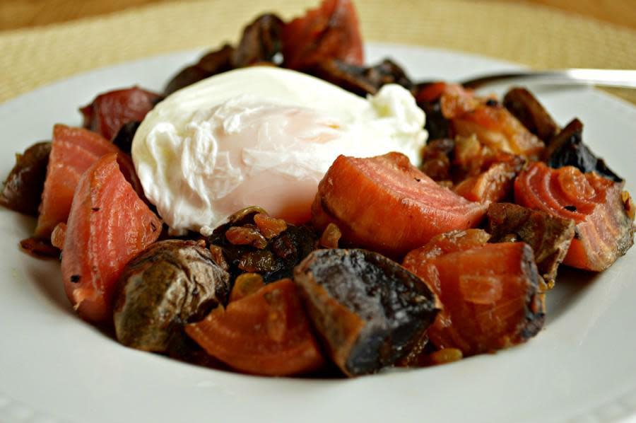 Red Flannel Hash with Poached Egg